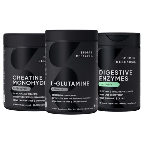 Športne raziskave L-glutamin (100 servingov), kreatin monohidrat (60 serviranja) in prebavne encime s probiotiki in ingver (90 servingov) - vse ne-GMO preverjeno, Vegan & Gluten brezplačno