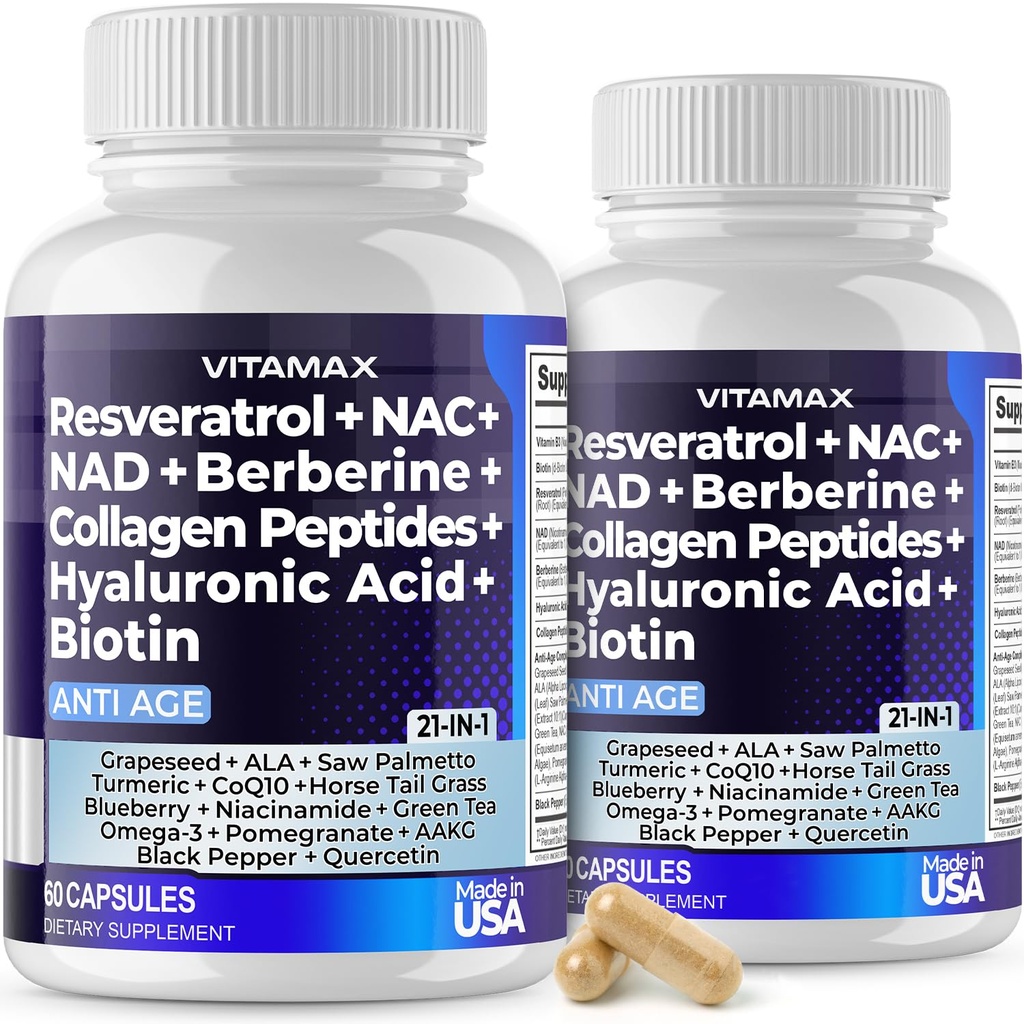 Vitamax Resveratrol NAD+ Berberine Hyaluronska kislina - Biotin Grozdje & borovnica + NAC - Kolagen Peptide - Lasje, Nail, Skin & Joint dodatek - 21-v-1 Ženske in moški - Made in USA - 120 Count