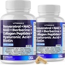 Vitamax Resveratrol NAD+ Berberine Hyaluronska kislina - Biotin Grozdje & borovnica + NAC - Kolagen Peptide - Lasje, Nail, Skin & Joint dodatek - 21-v-1 Ženske in moški - Made in USA - 120 Count