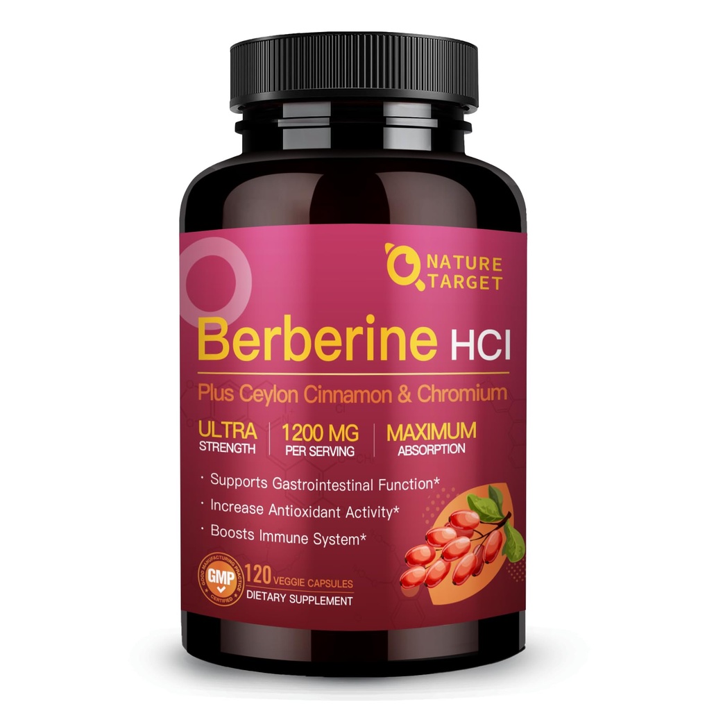 NATURE TARGET Berberine HCl 1200mg, Berberine dopolnilo s Ceylon Cinnamon, Chromium - podpira Imunsko zdravje, gastrointestinalno zdravje in zdravje srca, Non-GMO, 120 kapsul