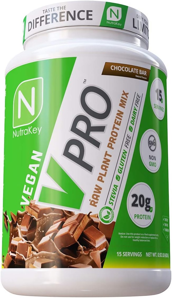NutraKey V-Pro, surovi rastlinski proteini v prahu, organski, veganski, nizko karbinski, gluten brez z 20 g beljakovin (čokoladni) 2-pound