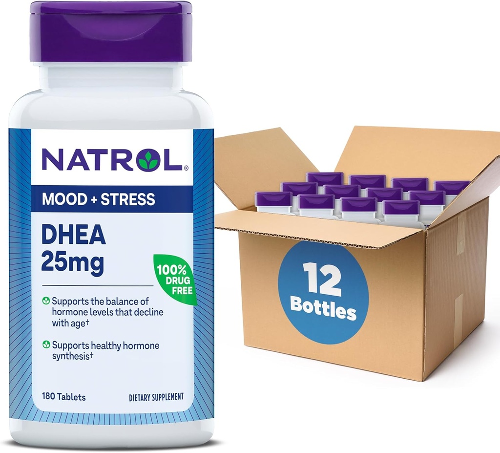Natrol Mood & Stress DHEA 25mg s kalcij, prehransko dopolnilo za ravnovesje določene ravni hormona in podporo razpoloženju, 180 tablet, 180 dnevna ponudba (Pack of 12)