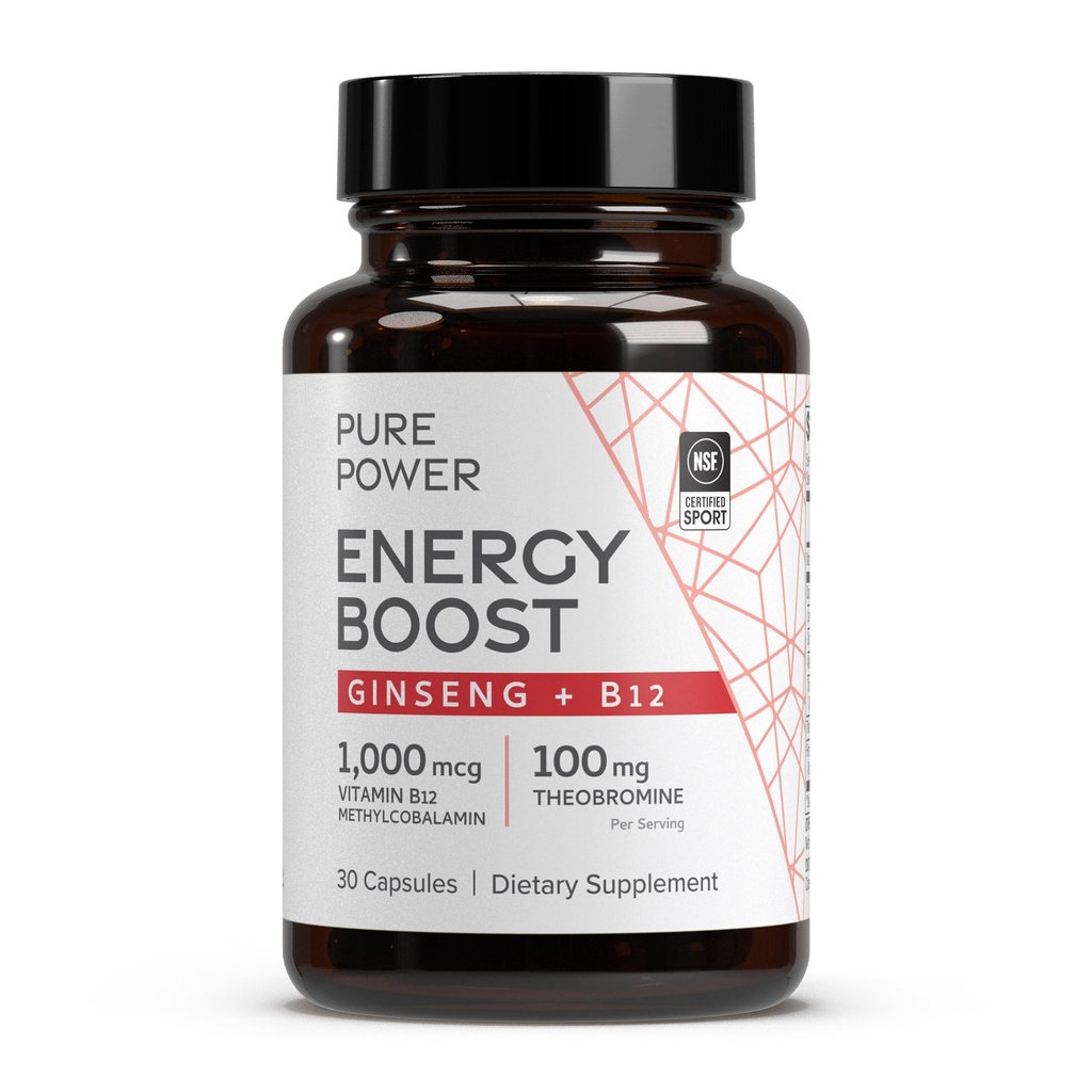 Dr. Mercola Pure Energy Boost, 30 Serving (30 kapsul), Ginseng + B12, Prehranska dopolnila, Povečuje telesno in duševno energijo, Non-GMO