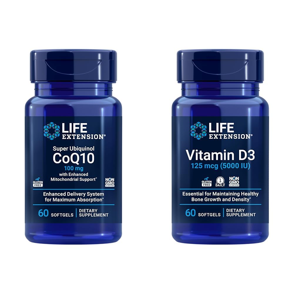 Life Extension Super Ubiquinol CoQ10 z izboljšano mitohondrijsko podporo in vitaminom D3 125 μg (5000 i. e.), zdravje kosti