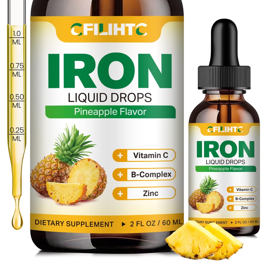 Tekoči železovi dodatki za ženske Moški in otroci Večvitaminski železovi kapljice s Folat, Vitamin C, B6, B12, cink za anemijo, pomanjkanje železa, Blood Builder, Energy - Naravni Ananas Flavor, Vegan 2 Fl Oz