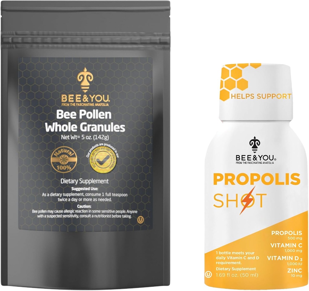 Čebela in vi Propolis Shot 12 Steklenice in Bee Pollen paket, Naravni dodatek, Bee Propolis, Antioksidanti, Beljakovine, Vitamini, Aminokisline, za odrasle, ženske, Me