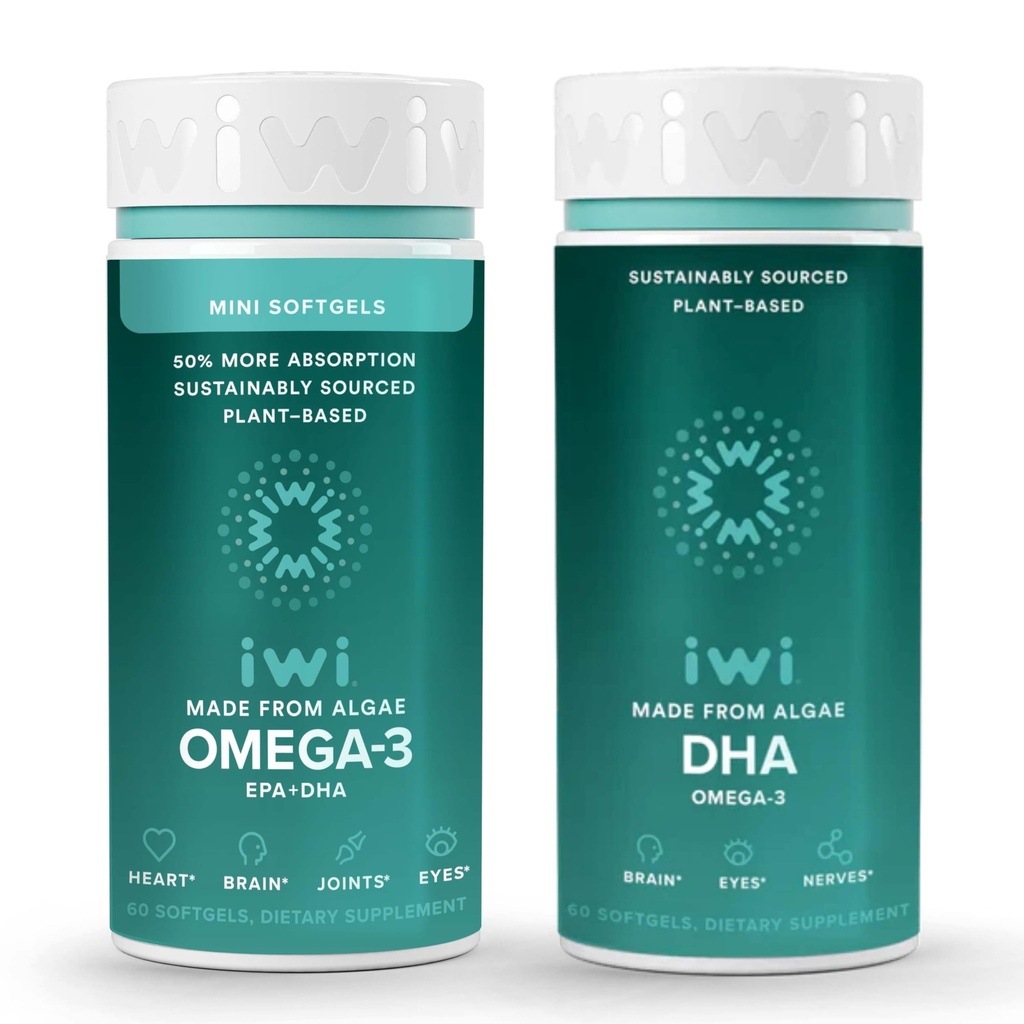 Iwi Omega-3 Minis & DHA Omega-3 Bundle, 30 Serving, Veganska rastlinska osnova Algae Omega 3, Krill & ribje olje Alternative, brez ribjega pookusa