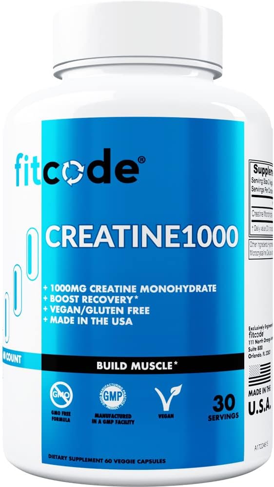 fitcode Creatine1000, 1 gram čistega kreatin monohidrata v vsaki servirni, Veggie kapsule (30 servirnih)