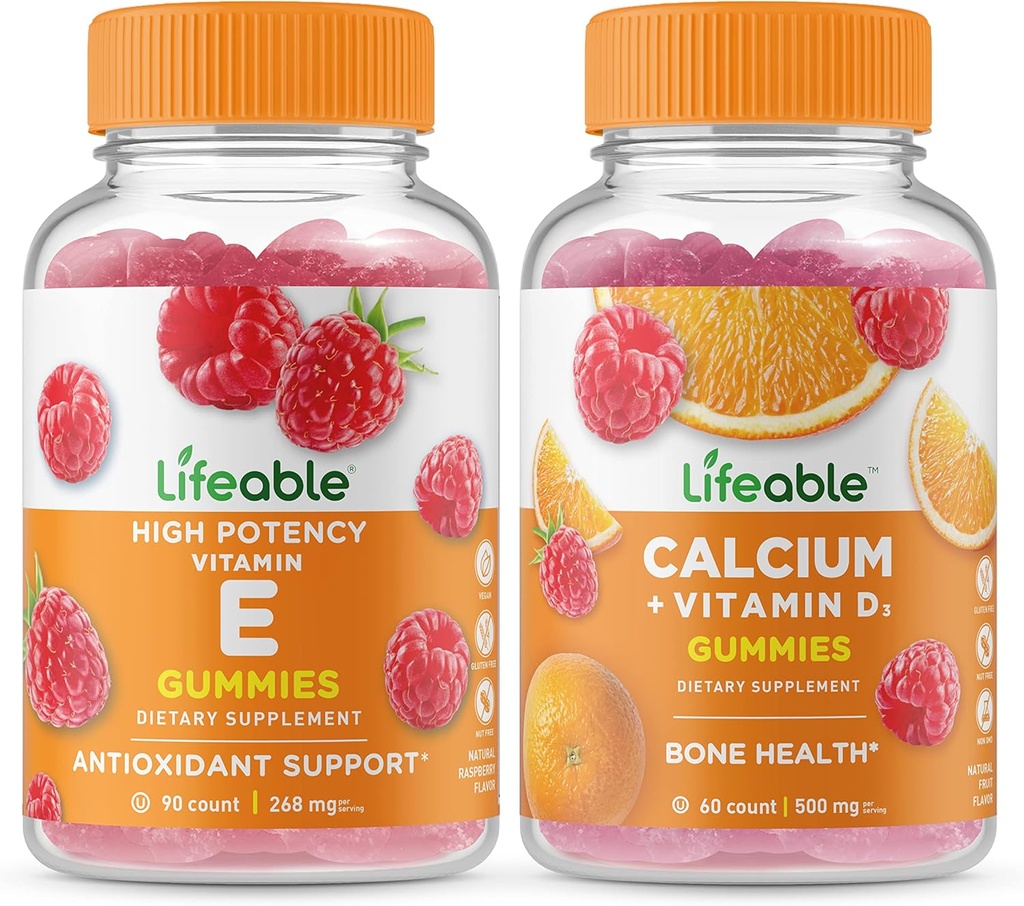 Življenjski vitamin E + kalcij z vitaminom D, Gummies Bundle - odličen okus, vitamin dopolnilo, Gluten brezplačno, GSO brezplačno, žvečljivi gumi