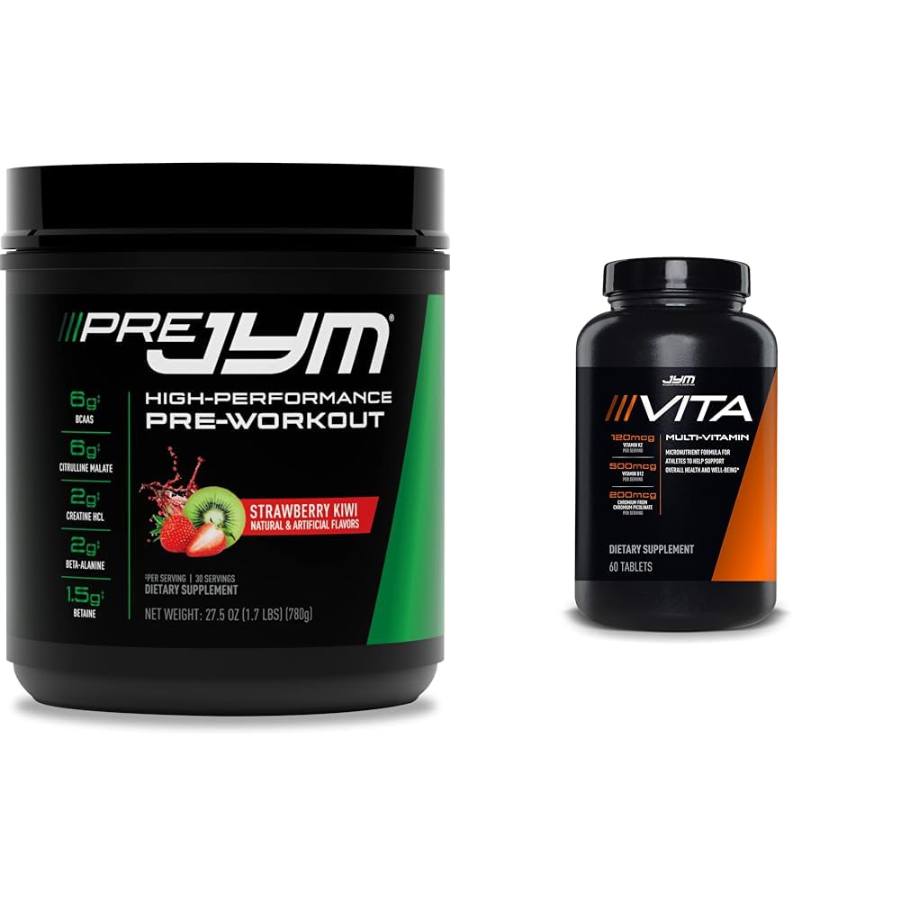 JYM Supplement Science PRE JYM 30 Servings - Jagodna Kiwi & tamin & Mineral Support, Vitamin A, C, B6, B12, E, K, Boron, Biotin, Kalij 60 Tablete