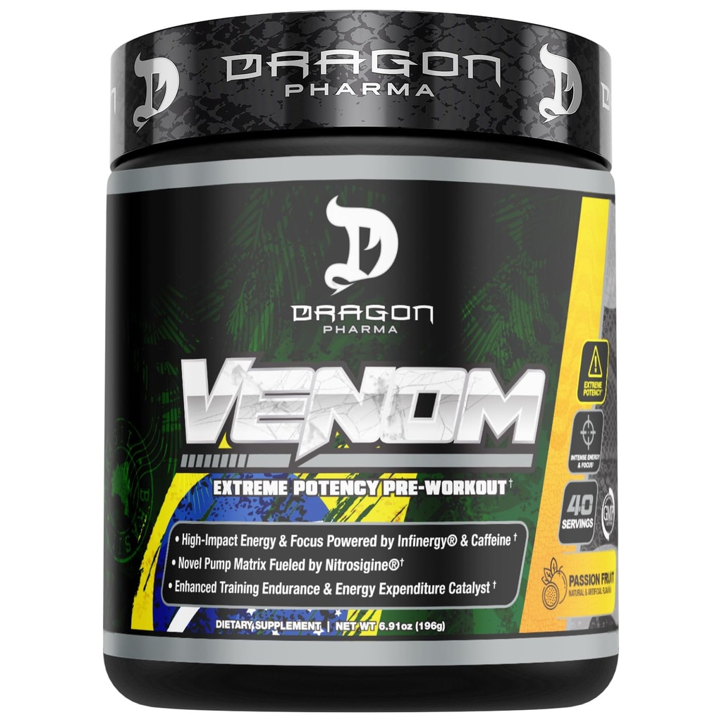 DRAGON PHARMA Venom Ekstremna moč pred treningom, Laser Sharp Focus + Energija, intenzivna zmogljivost, Dokazane sestavine za izboljšano vazodilatacijo in vzdržljivost (40 strežbe, pasijonsko sadje)