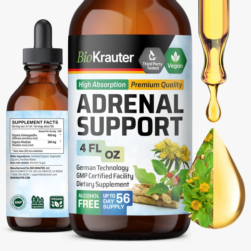 BIO KRAUTER Adrenalna podpora Tinktura - Rhodiola & Ashwagandha dodatki - Veganska podpora razpoloženju kapljice 4 Fl.Oz.