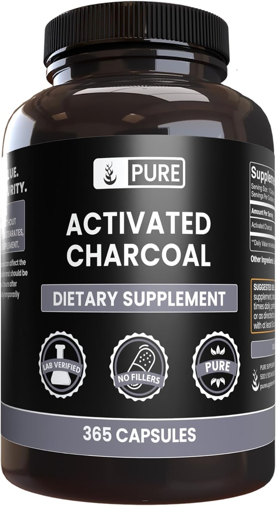 Čiste izvirne sestavine Aktiviran Charcoal, brez magnezija ali riž polnila, vedno čista, laboratorij preverjen (365 Count)