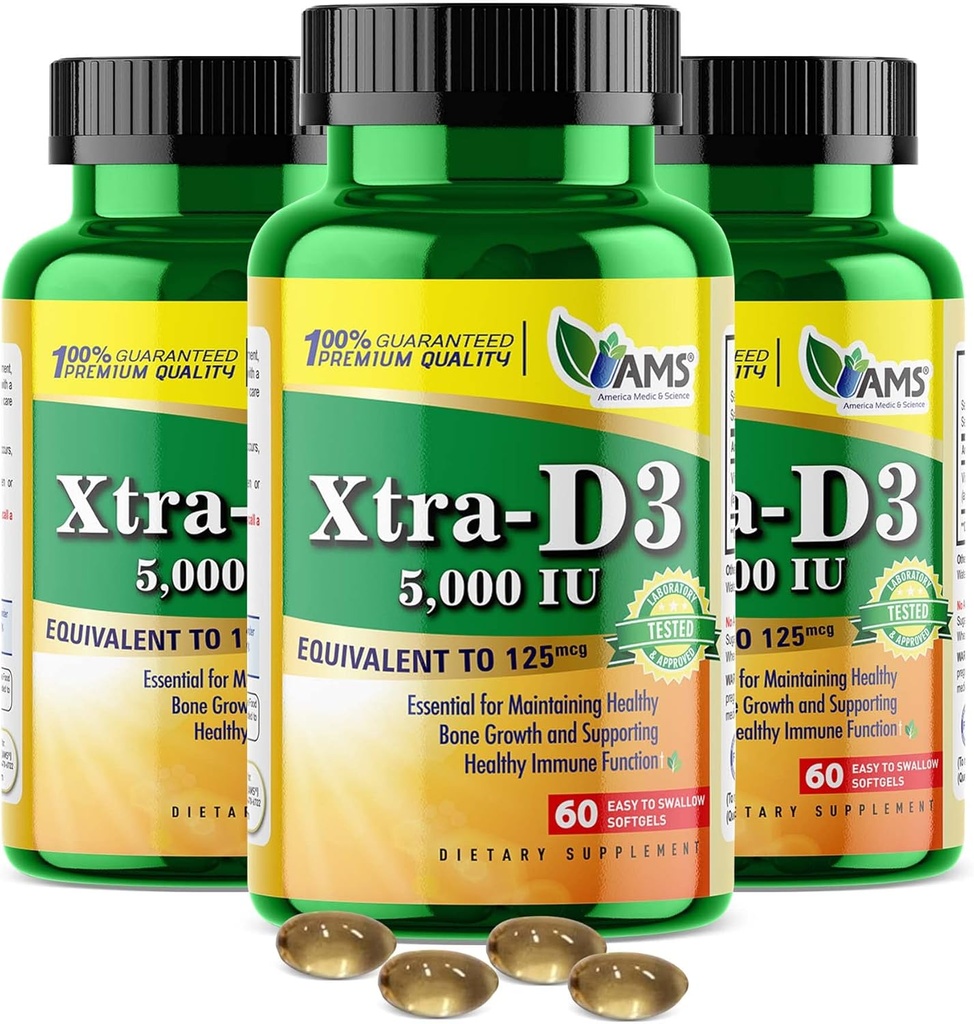 Amerika Medical & Science Xtra D3 Vitamin D 5.000 i.e. (125 μg)holekalciferol dodatek za moške in ženske(180Easy to Pogoltniti softgels) 3pack