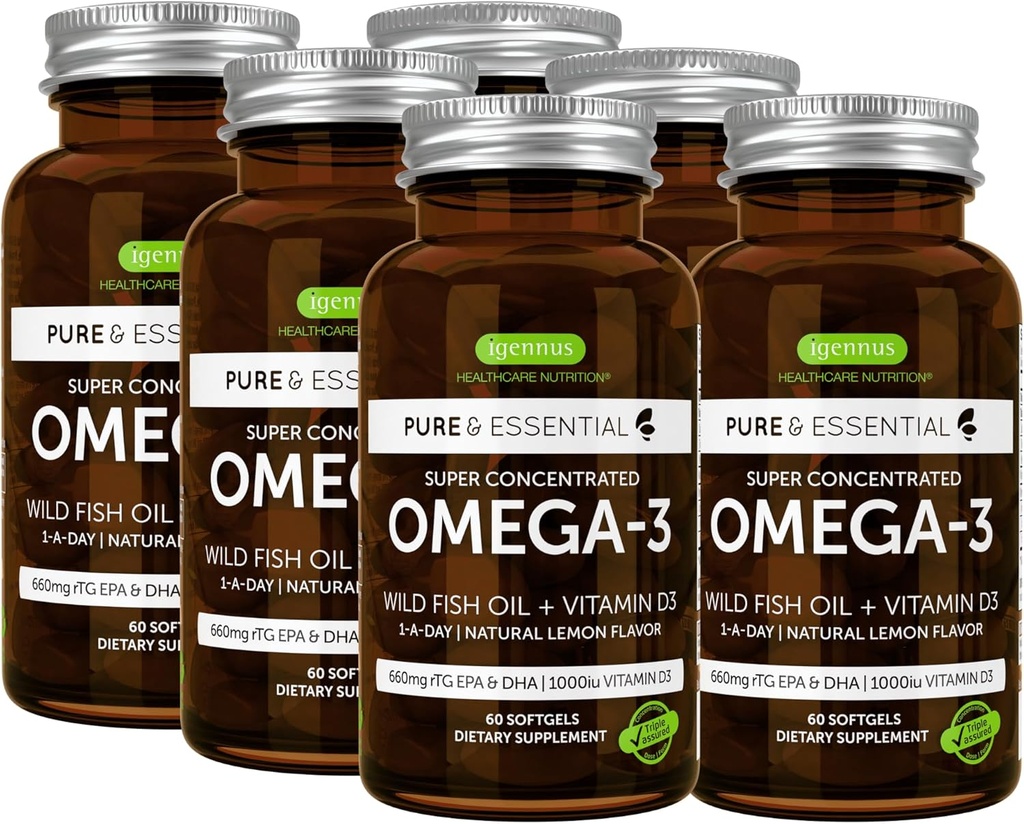 Igennus Advanced rTG Omega-3 IFOS Certified Wild Fish Oil & Vitamin D3, 1-a-dan, Maščobne kisline EPA & DHA, hitro delujoča oblika triglicerida, Ultra Pure & Ne-GMO, 360 Mehkužci