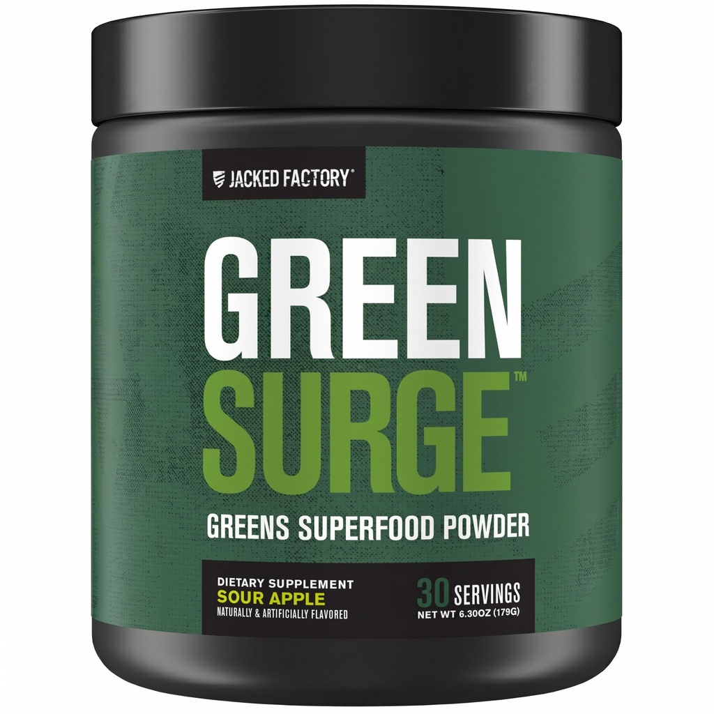 Jacked Factory Green Surge Zelena Superfood Powder- Keto Prijazni Zeleni Pij w/Spirulina, Pšenica & Ječmen trava, Organic Greens - Izvleček zelenega čaja, Probiotiki & Prebavni encimi - Sour Apple