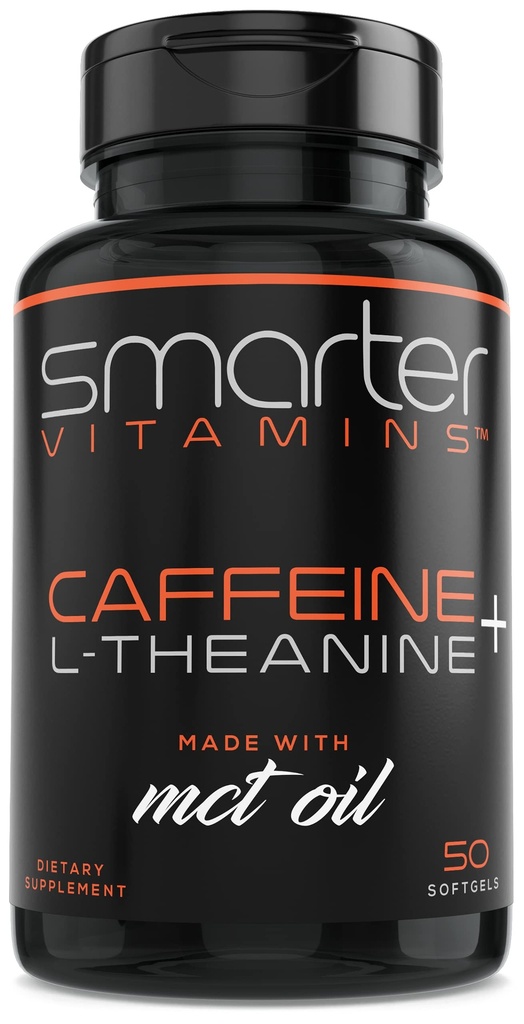 SmarterVitamini 200mg tablete kofeina - MCT Olje iz 100% kokosovih orehov + 100 mg L-teanina, energije in fokusa, razširjene kapsule za sproščanje, 50 tekočih kapsul