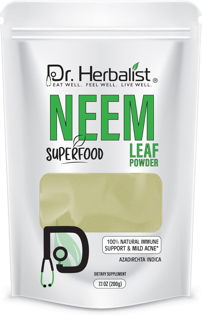 Dr. Herbalist Neem Leaf Powder 200g - Azadirachta Indica za kožo, lase in splošno Wellness - 100% naravna, Vegan-prijateljski & Cruelty-free