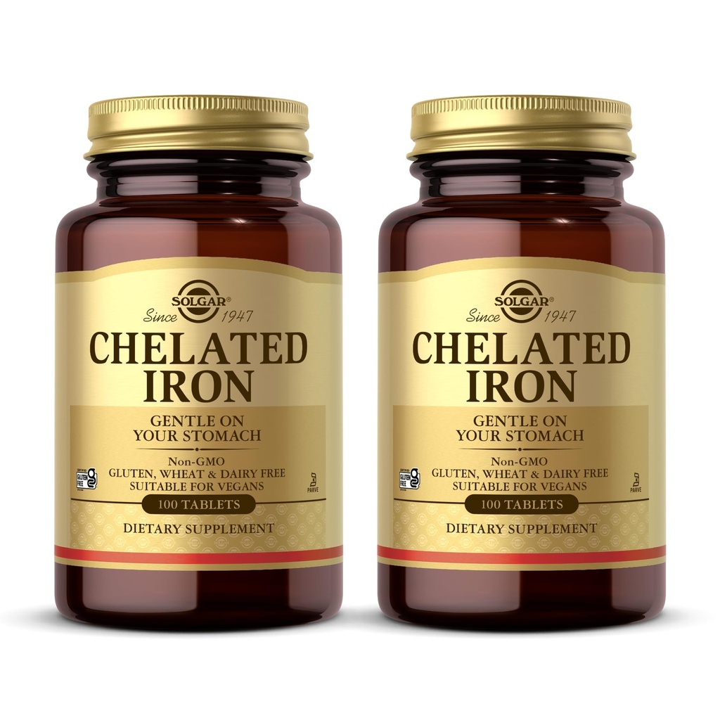 Solgar kelirano železo - 100 tablet, pakiranje po 2 - Nežno na želodcu - ne-GMO, Vegan, Gluten Free, Dairy Free, Kosher - 200 skupnih obrokov