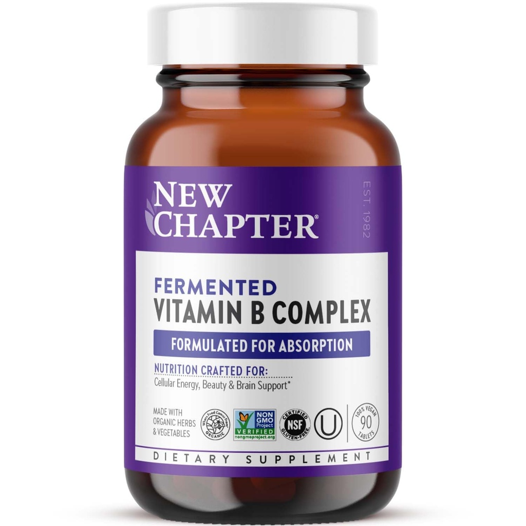 Novo poglavje Vitamin B kompleks, Fermentirani vitamin B kompleks, USDA Organic, ONE vsak dan za celično energijo + možgani + lepota, 100% Vegan, Gluten-free - 90 Count