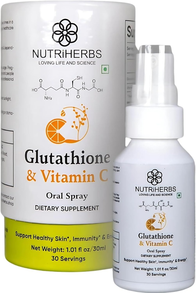 Nutriherbs Glutatione peroralni pršilo z vitaminom C - okrepljena absorpcija, Antioksidant dopolnila, Podpora Immuniteta, Zdrava koža in lasje (30 ml)