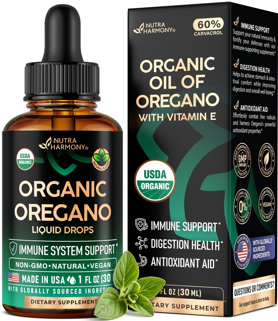 USDA Organic Oil of Oregano - Tekoče kapljice z vitaminom E - Izdelano v ZDA - Dopolnilo za imuno podporo, Prebava zdravje & antioksidant - Non-GMO, Natural, Vegan - Kot tablete, kapsule, Mehkužci 1 fl