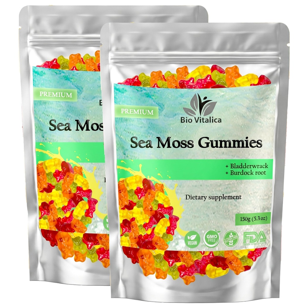 BIO VITALICA Sea Moss Gumies – z Bladderwrack & Burdock Root – Wildcrafted Gel + Powder – Vegan, Keto, Non-GMO, Gluten-free – Sadni mineral-Rich Gumies – 50 Število (2 paket)