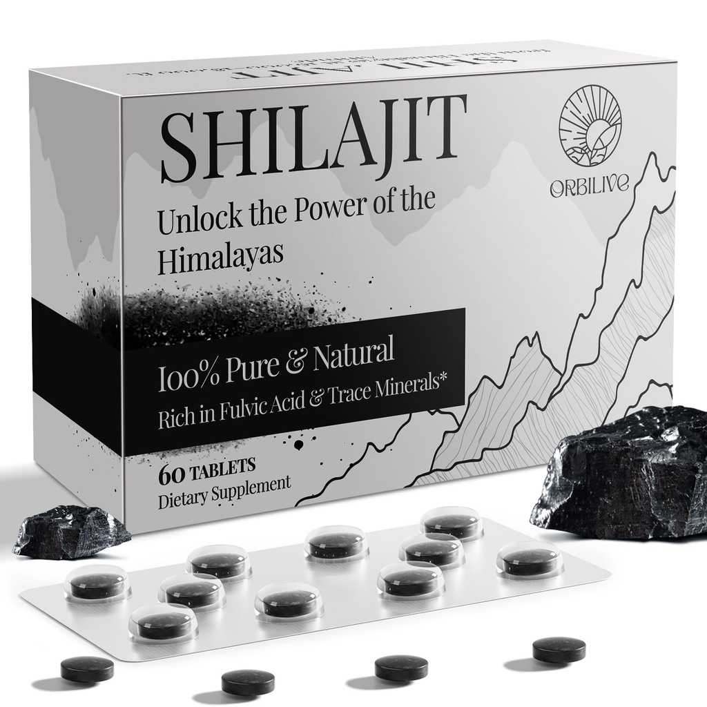 30.000 MG tablete Shilajit, 100% tablete Shilajit Pure, himalajski organski, Shilajit za moške in ženske, bogate s fulvično kislino in 85+ Trace Minerals, Shilajit Supplement for Energy & Immune System, 60 Count