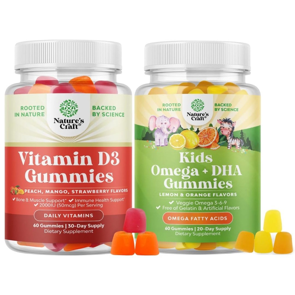 Sveženj vitamina D3 Gummies za dnevno wellness z 2000 i.e. na serviranje kostne mišice in imunske podpore in otroci DHA Omega 3 Gummies - Maščobne kisline Omega 3 6 9 za možgane, Imunska moč in vid