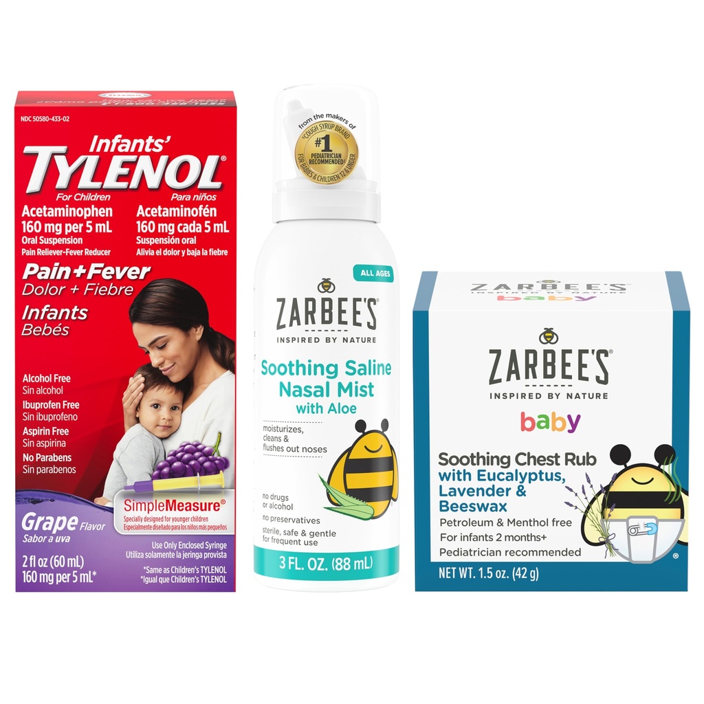Tilenol in Zarbeejin otrok sta nujno potrebna za dojenčke: Dojenčki Acetamolfen Tekoča medicina, Zarbeejev otrok, ki pomirja nosni pršilo, in Zarbeejev otrok, ki pomirja evkaliptus in lavendar.