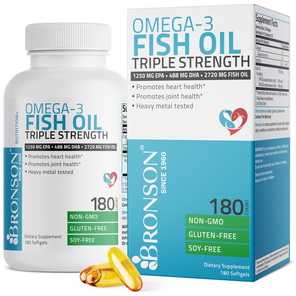 Bronson Omega 3 Ribje olje Trojna jakost 2720 mg, Visoka EPA 1250 mg DHA 488 mg, Testirana težka kovina brez GMO, 180 Softgels
