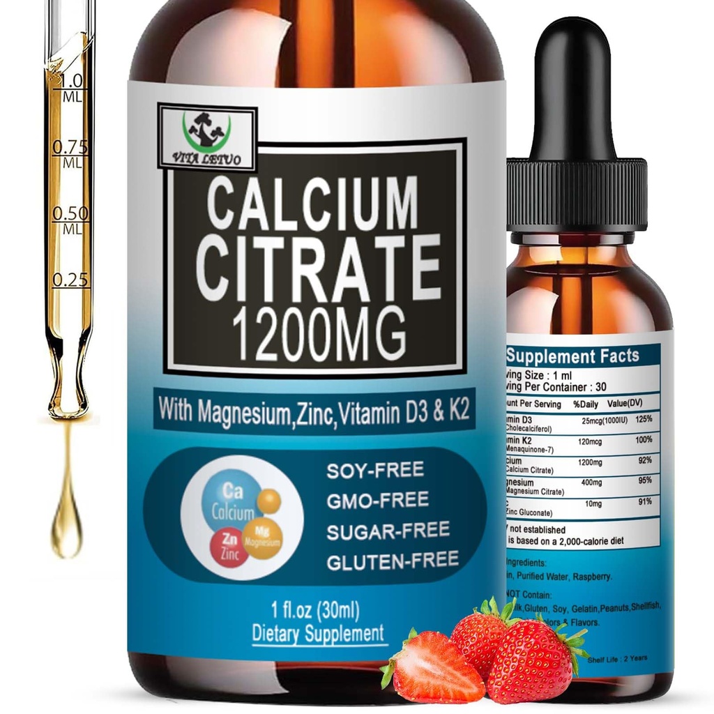 Kalcijev citrat dodatek,1200mg Kalcij z vitaminom D3 Kapljice za kosti, zobje, barvilo, kardiovaskularno zdravje, visoka absorpcija tekoči kalcij Magnezijev citrat 400mg Plus cinkov vitamin K2,vegan,30