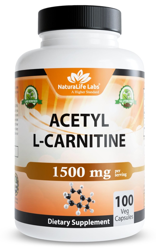 NaturaLife Labs Acetil L-karnitin (ALCAR) 1500 mg na odmerek – 100 kapsul – ne-GMO, brez glutena, vegan