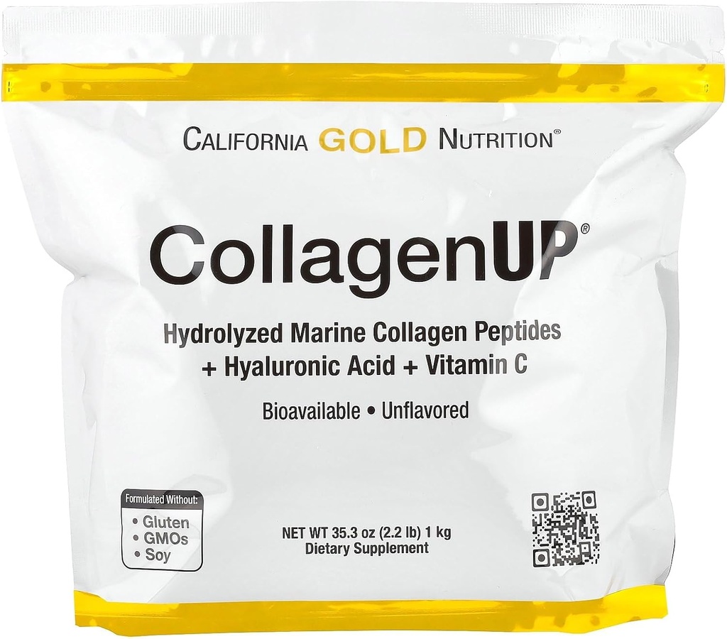 California Gold Nutrition CollagenUP®, hidrolizirani morski kolagen peptidi s hialuronsko kislino in vitaminom C, brez arome, 2,2 lb (1 kg)