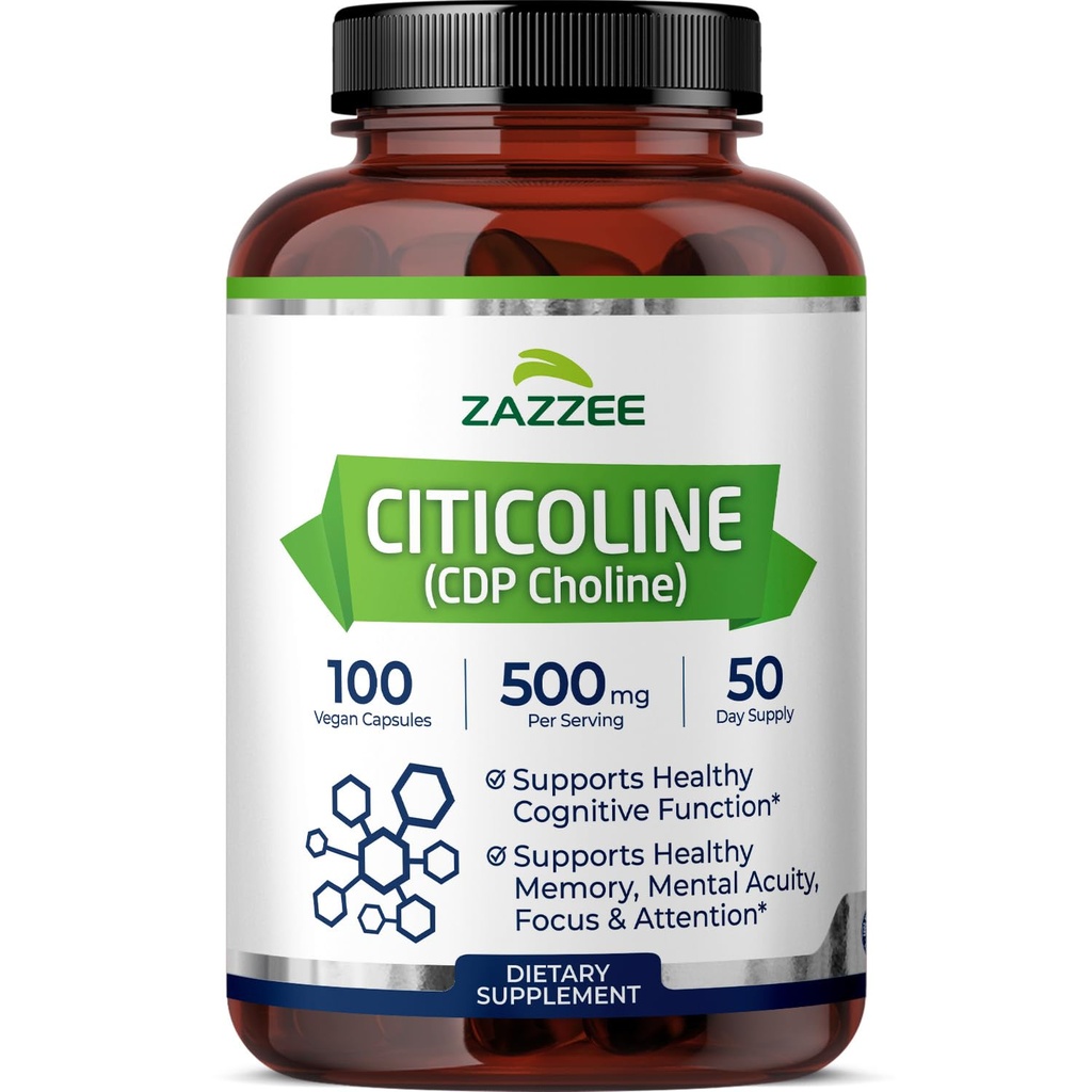 Zazzee Extra Jakost Citicoline, 500 mg na serviranje, 100 veganskih kapsul, Superior CDP Choline Form, 100% vegetarijanska in farmacevtska stopnja, 50-dnevna oskrba, vse-naravni in ne-GMO
