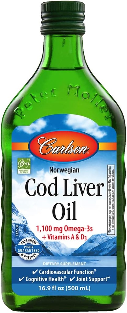 Carlson - Cod Jetrno olje, 1100 mg Omega-3s + A & D3, divje ujeto norveško arktično olje Cod-Liver, trajnostno pridobljeno nordijsko ribje olje tekoče, nearomatizirano, 500 ml (16,9 Fl Oz)