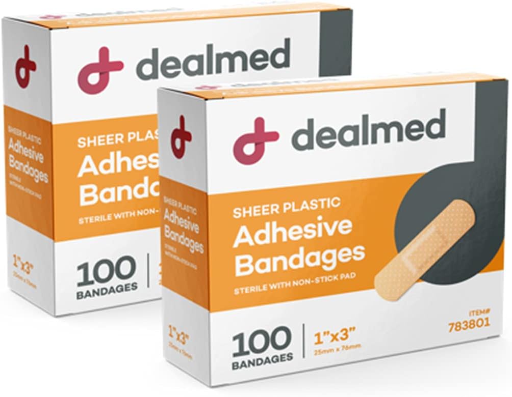Dealmed Sheer Plastični fleksibilni lepilni pasovi – 100 Count (2 Pack) Bandages z non-Stick Pad, Latex Free, Rane Care za prvo pomoč Kit, 1" x 3"