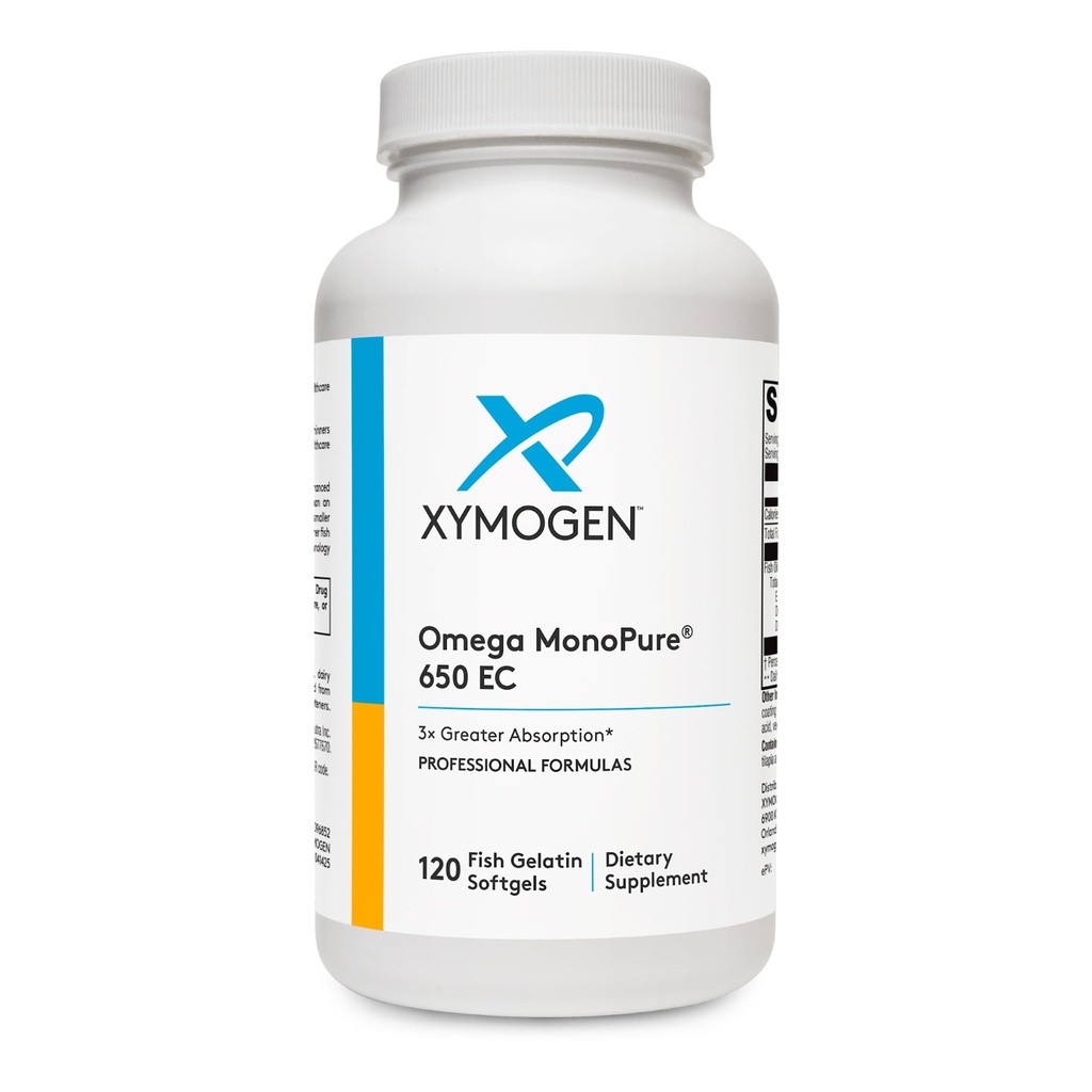 XYMOGEN Omega MonoPure 650 EC - Omega-3 ribje olje dopolnila za ženske in moške - z EPA, DHA & DPA - Manjša softgels s 3X večjo absorpcijo - Podpora zdravo srce in kognicija (120 Softgels)