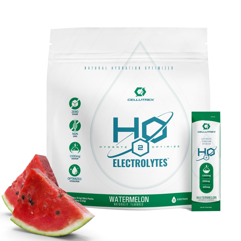 Cellutrex® H2O Elektroliti – Elektrolit v prahu mešanica, nič sladkorja, naravna sol Hidracija Pakiranje za regeneracijo in Wellness, lubenica, 20 palice