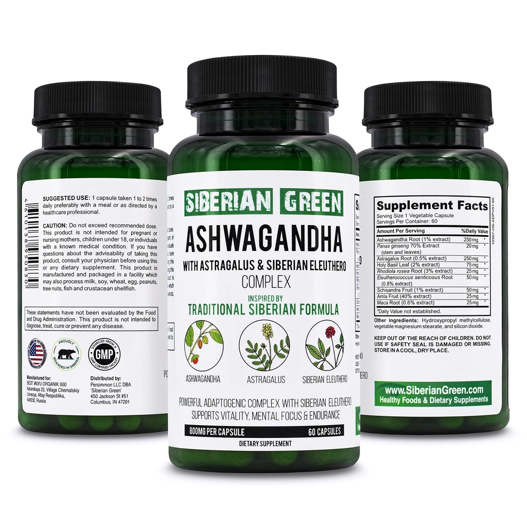 Sibirski zeleni organski Ashwagandha Root z Astragalus & Sibirski Eleuthero Ginseng Complex 60 Kapsula Močna zeliščna podpora