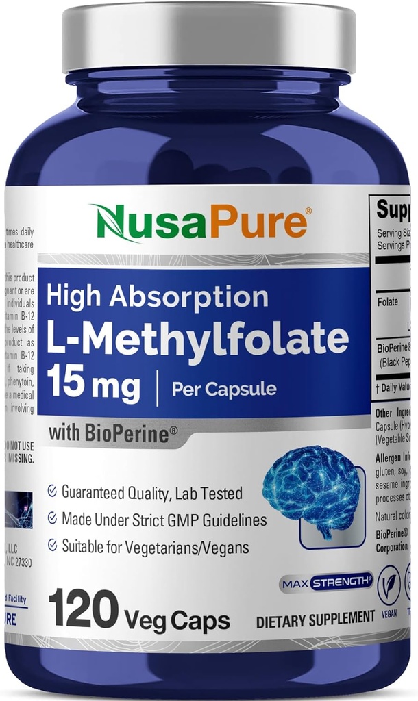NusaPure L metilfolat 15 mg, 120 Veggie kapsule, Bioperine