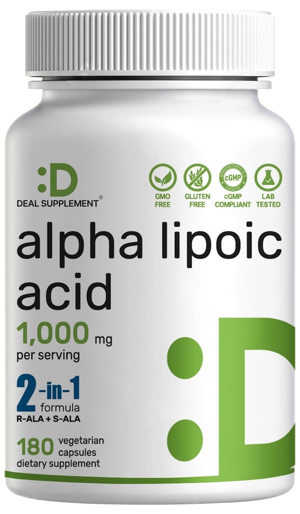 Alfa lipojska kislina 1.000 mg, 180 Veggie kapsule – 50/50 R-ALA & S-ALA za največjo biološko razpoložljivost – Antioksidant dodatek – Energy & živčni sistem Podpora – Non-GMO