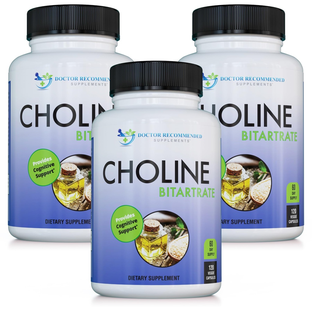 DOCTOR PRIPOROČENI DOPOLNILNI IZDELKI Premium Choline - 500 mg - 120 Veggie Kapsule Podpira kognitivno zdravje, spomin in več - 3 pakiranja