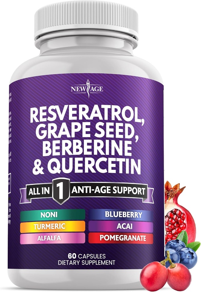 NOVA STAROST Resveratrol, Berberin, izvleček grozdnega semena, Quercetin - polifenol dodatek za ženske in moške z Noni ekstraktom, N-acetil cistein, ekstrakt Acai - 60 kapsul