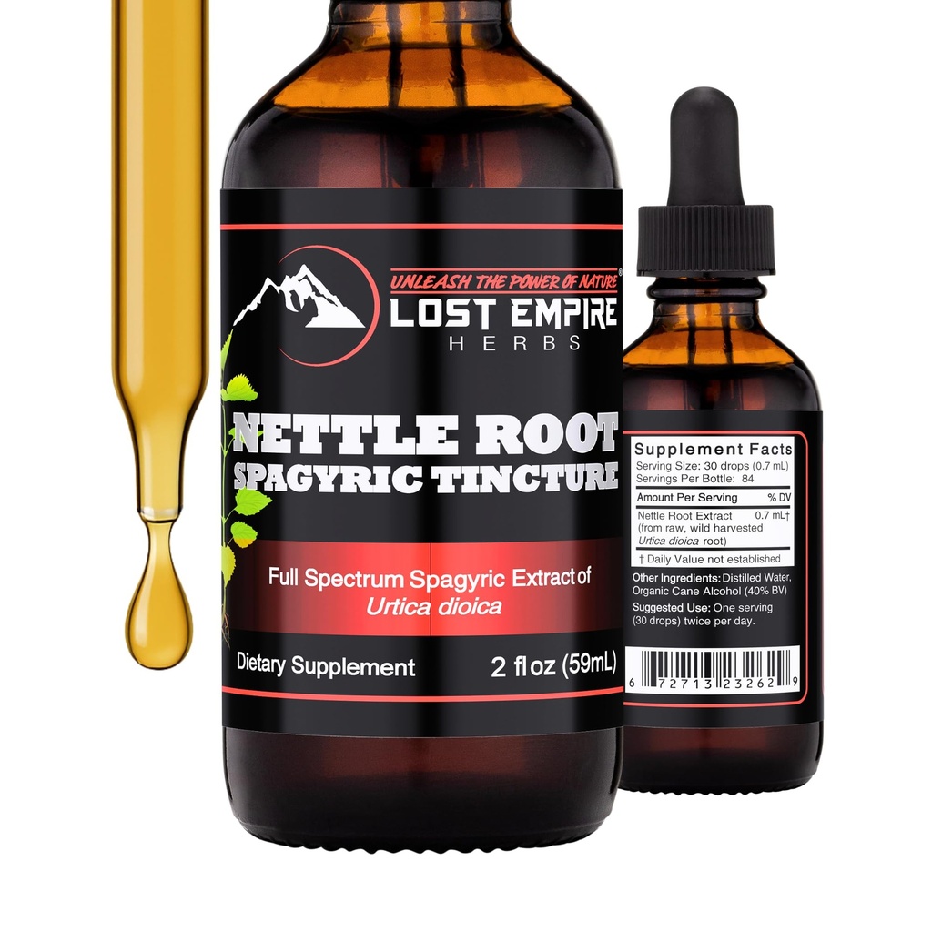 Lost Empire Zelišča Izvleček korenin koprive Spagyric Tinkture (2 fl oz) - Wild žetev iz dodatka za moške, urinarne funkcije, BPH, izpadanje las - 3. stranka laboratorij Tested