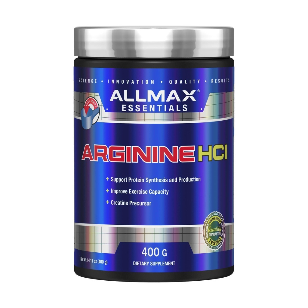 ALLMAX Essentials ARGININE HCL - 400 g - Predhodnik za sintezo dušikovega oksida - Vegan & Gluten Free - 200 Servingov