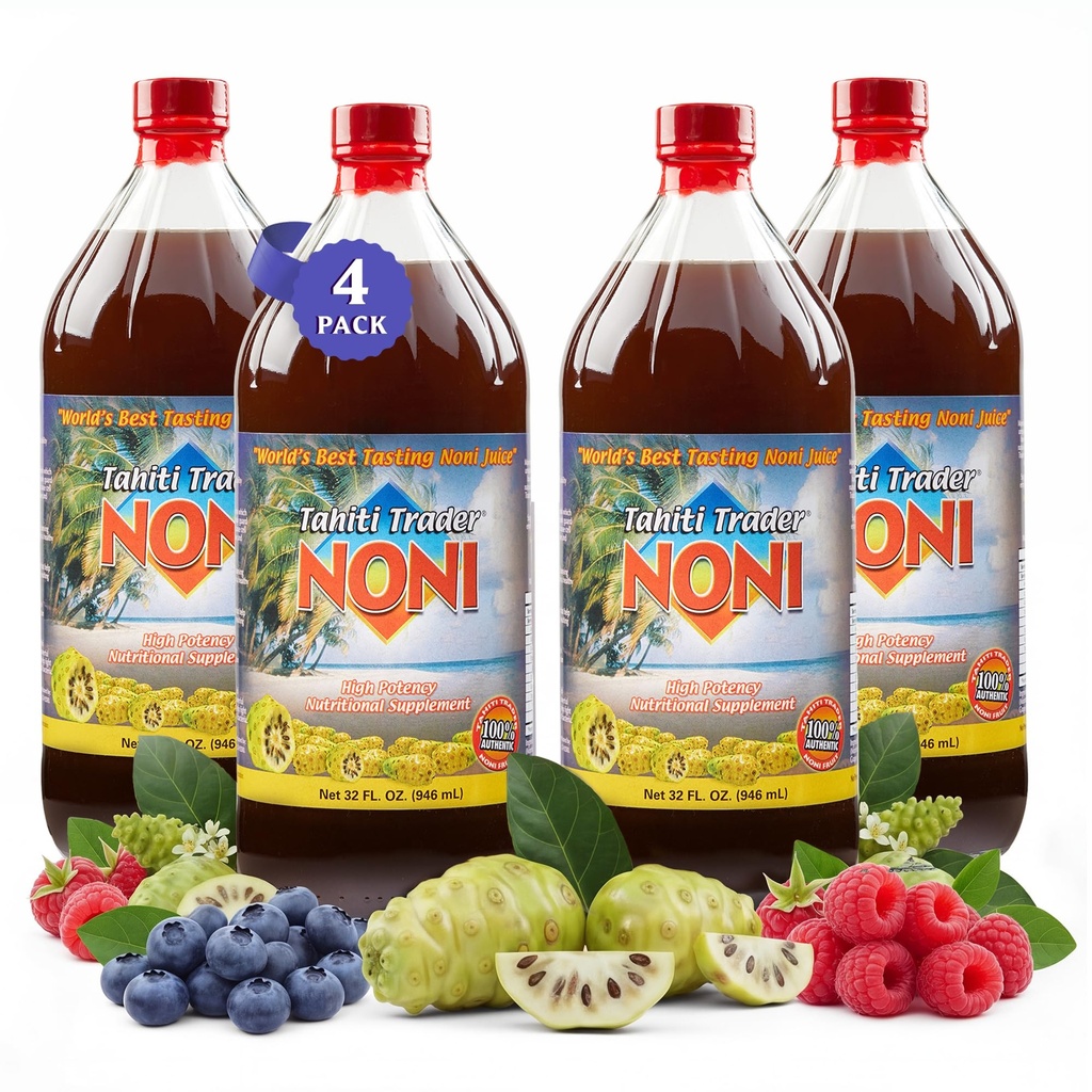 TAHITI TRGOVINA (4-PK) Original High Potency Noni Juice - Pure Noni sadni sok z borovnico in malino - Organski antioksidant Superfood podpora energetika in zdravje telesa - (32oz, 4 Pack)