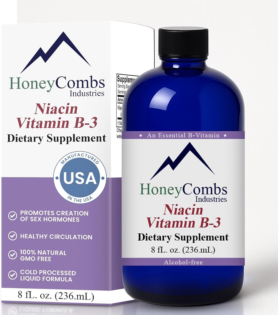 HoneyCombs Vitamin B3 Niacin dodatek tekoče kapljice - Visoka jakost Vitamin B3 Tekoče kapljice za moške in ženske - vzdrževanje prebavnega sistema, kože, jezika, energije in več - Veganska Niacin kapljica (8 Fl oz)