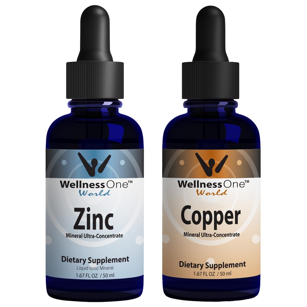 WellnessOne Ionic Liquid Cink & Tekoči baker - Cink-Copper paket za podporo imunskega sistema in sklepov, živcev in kosti zdravje - 1,67 fl oz Cink & Bakrov tekoče kapljice