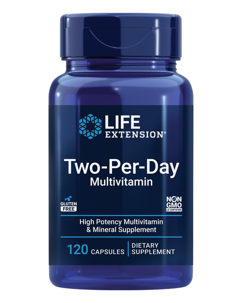 Life Extension Two-per-Day multivitamin, vitamini B, C, D, cink, pakirano z več kot 25 vitamini, minerali in izvlečki, dvomesečni dovod, brez glutena, 120 kapsul